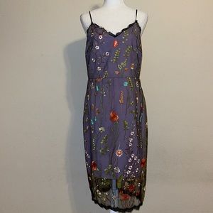 Eci lilac dress with black floral, mesh overlay, and lace trim